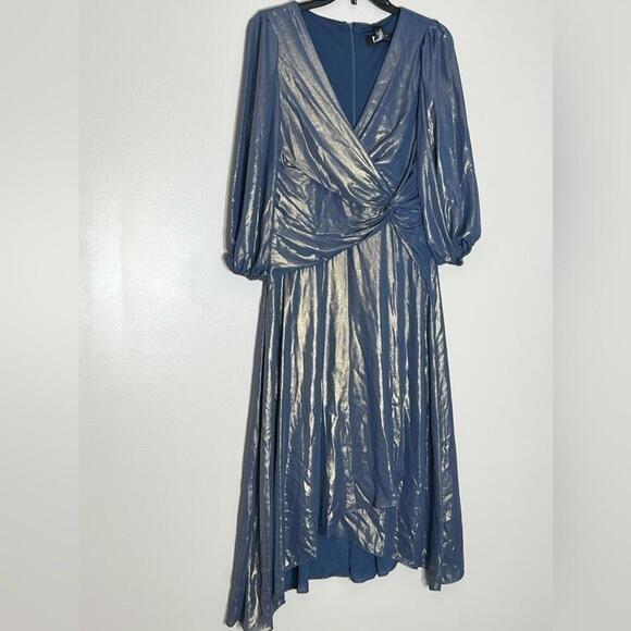 DKNY Iridescent Twisted Balloon-Sleeve evening Sleeve Dress -Denim Gold size 6 - Picture 8 of 12